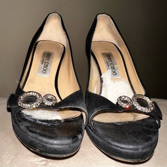 Jimmy Choo Black Leather Stiletto Heels Rhinestone Peep-Toe Shoe EU 37 - Picture 5 of 9